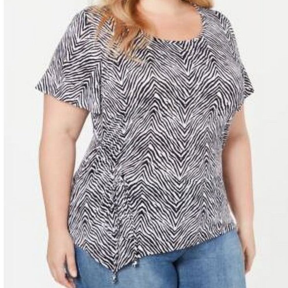 NY Collection Plus Size Animal-Print Asymmetrical-Hem Top Black Size 3X